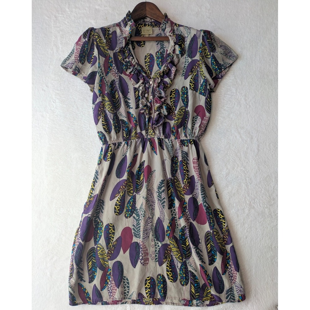 Postella Silk Feather Print Dress Women Medium Purple Ruffle V-Neck Boho Mini